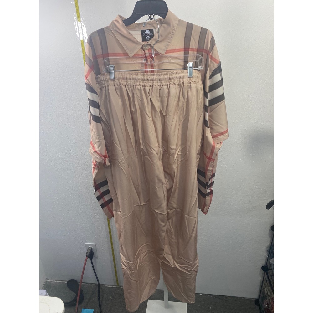 Biggmans Mens 2 Piece Set Tan Plaid Button Down Shirt and Pants Size 5XL